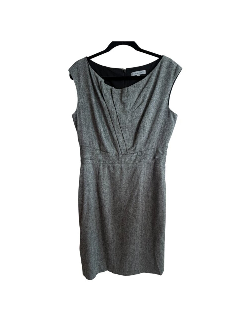 Classiques Entier Gray Herringbone Sheath Dress Size 10 With Pleated Neckline